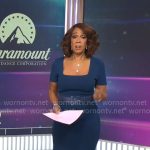 Gayle King’s navy blue square neckline dress on CBS Mornings