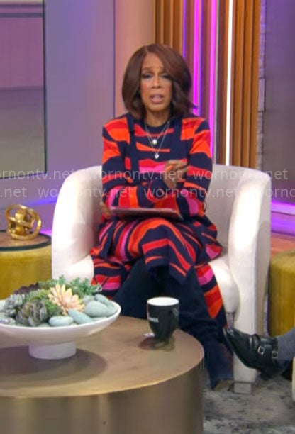 Gayle King's red wave print dress and cardigan set on CBS Mornings