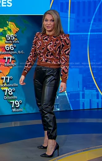 Ginger's brown print sweater and leather joggers on Good Morning America