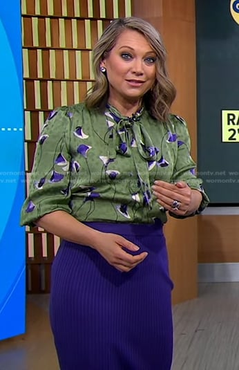 Ginger's green floral blouse and purple knit skirt on Good Morning America