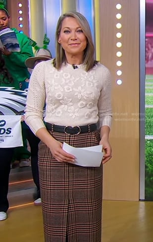 Ginger’s white floral sweater and brown plaid skirt on Good Morning America