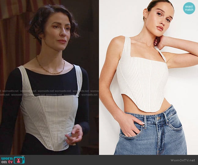 Sarah’s white pinstripe corset top on Days of our Lives