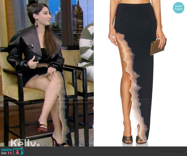 Nora’s black ruffle trim skirt on Live with Kelly