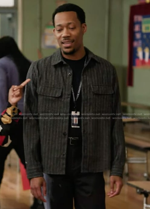 Gregory’s black striped jacket on Abbott Elementary