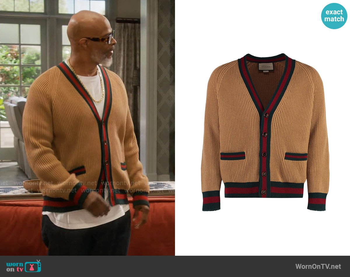 Poppa’s camel ribbed cardigan with striped trims on Poppas House