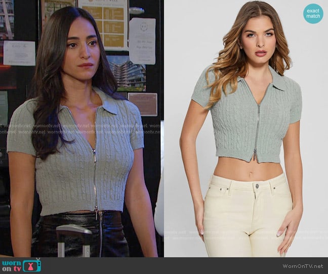 Guess Two Way Zip Kora Knit Top in malibu sage worn by Gabi Hernandez (Cherie Jimenez) on Days of our Lives