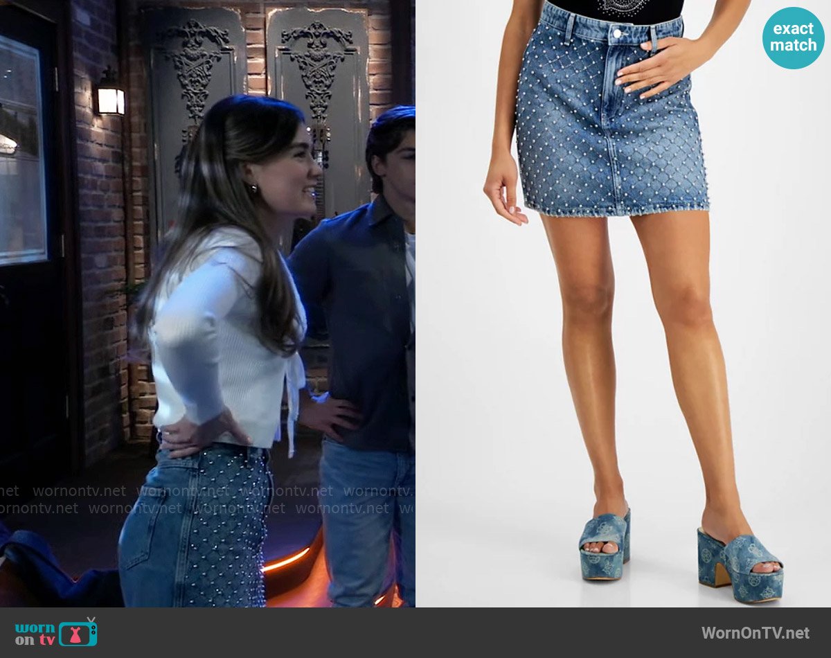 Guess Carol Cotton Embellished Mini Denim Skirt worn by Emma Drake Scorpio (Braedon Bruner) on General Hospital