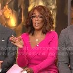 Gayle King’s pink asymmetric sweater and checked skirt on CBS Mornings