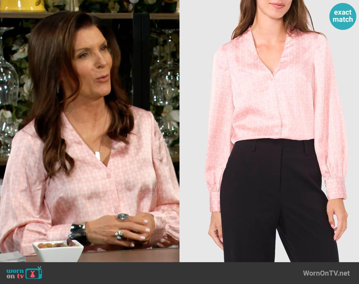 Halogen Collarless Satin Button-Up Shirt in Bridal Rose worn by Sheila Carter (Kimberlin Brown) on The Bold and the Beautiful