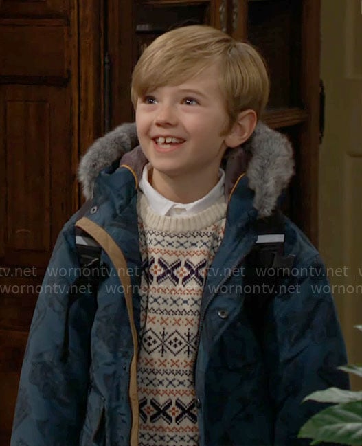 Harrison's teal printed coat on The Young and the Restless