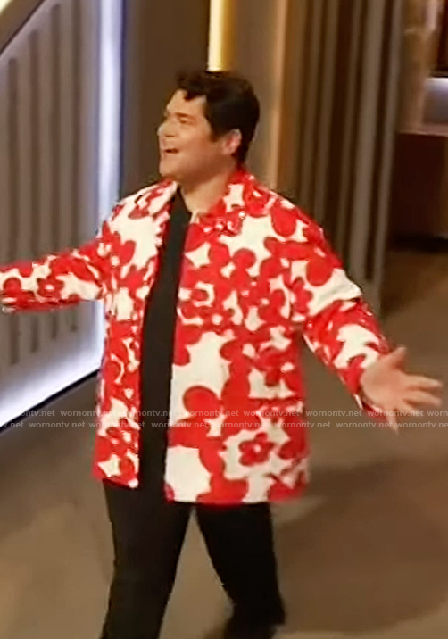 Harvey Guillen's red floral print jacket on The Drew Barrymore Show