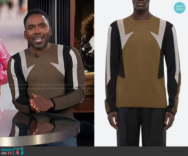 Helmut Lang Sport Mesh Inset Merino Wool Crewneck Sweater worn by Justin Sylvester on E! News