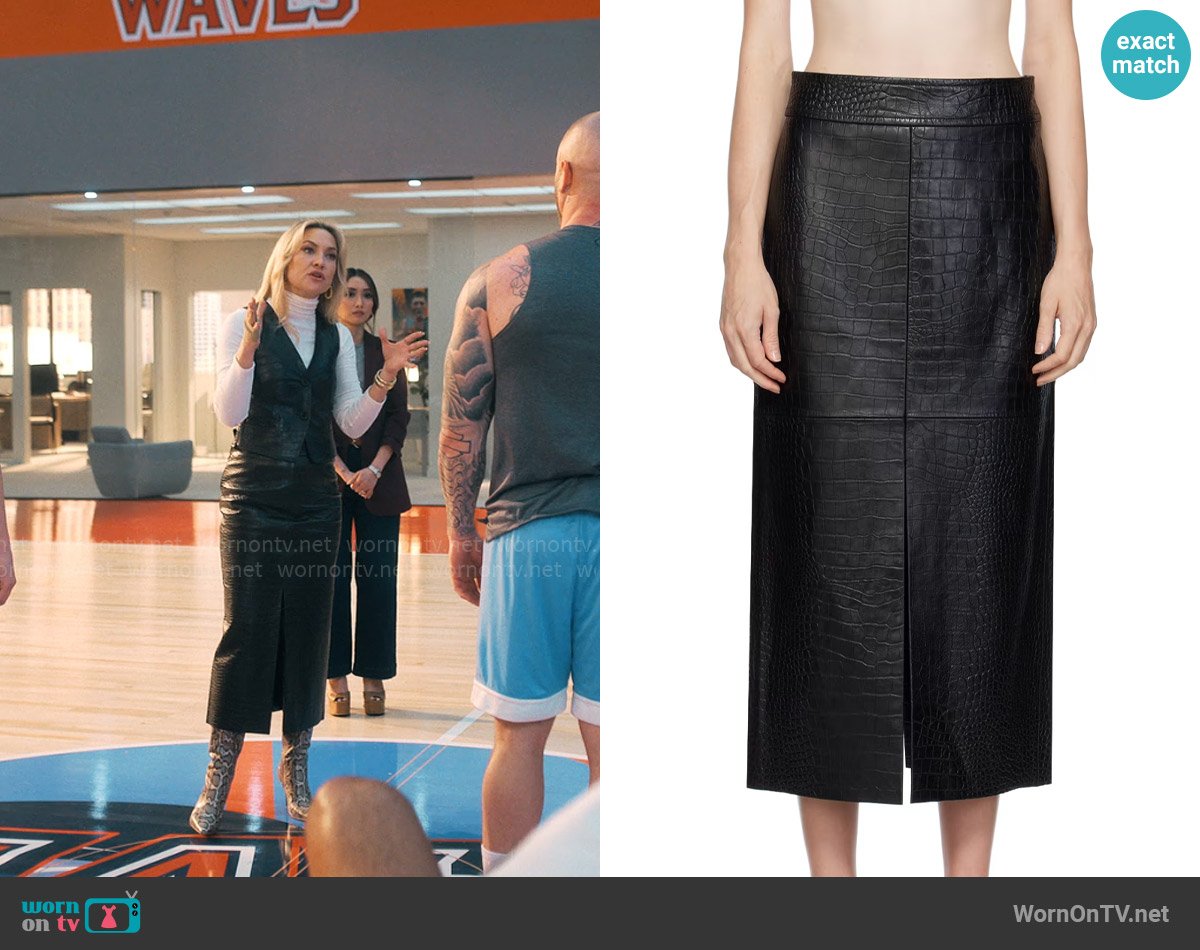 Helmut Lang Embossed Leather Midi Skirt worn by Isla Gordon (Kate Hudson) on Running Point