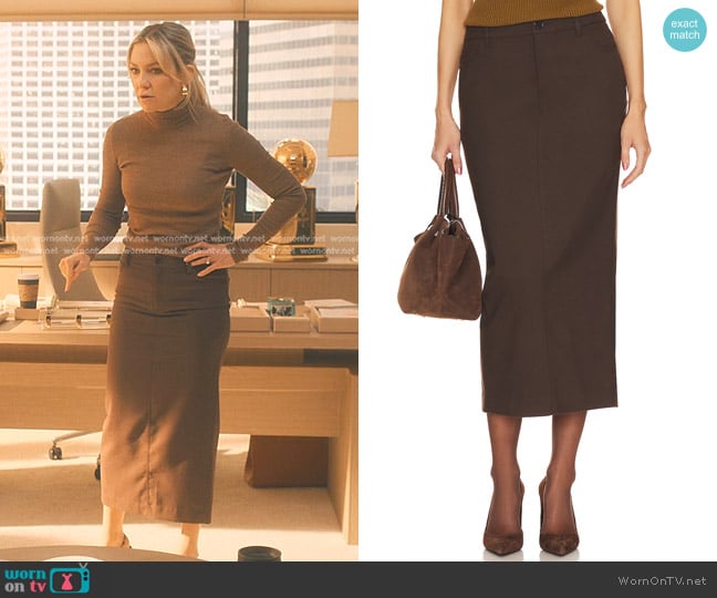 Helsa Trouser Midi Skirt in Java worn by Isla Gordon (Kate Hudson) on Running Point