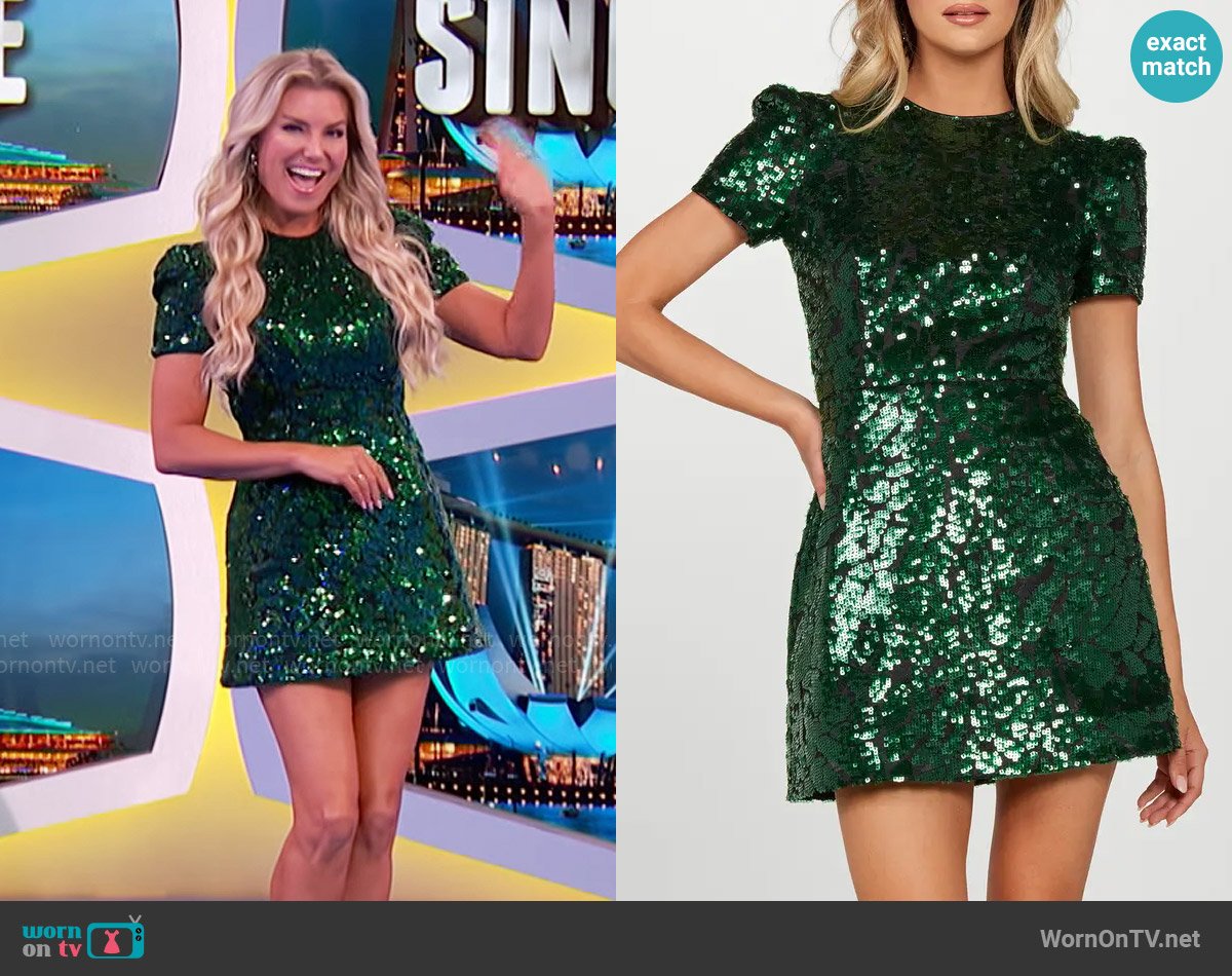 Rachel’s green sequin mini dress on The Price is Right