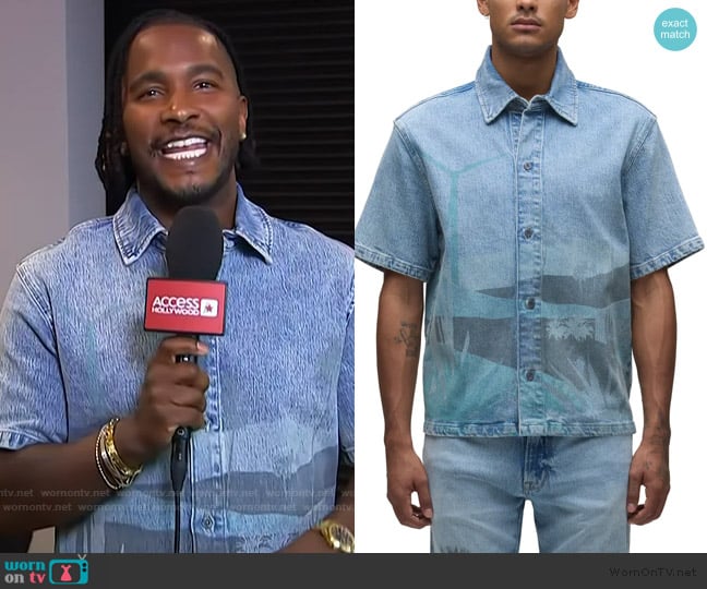 Hudson Jeans Graphic Denim Short Sleeve Button-Up Shirt worn by Scott Evans on Access Hollywood