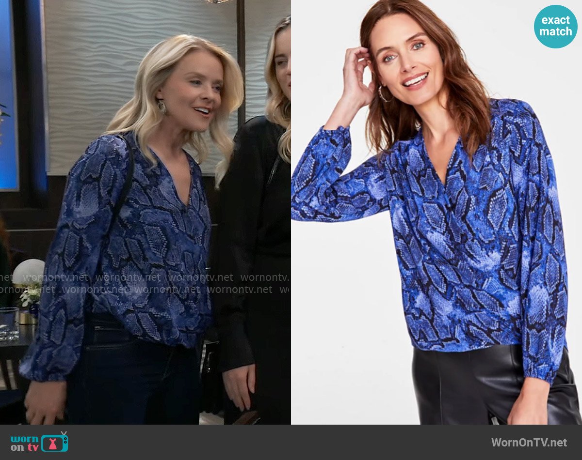 INC International Concepts Printed Surplice Wrap Blouse in Vera Snake worn by Felicia Scorpio (Kristina Wagner) on General Hospital