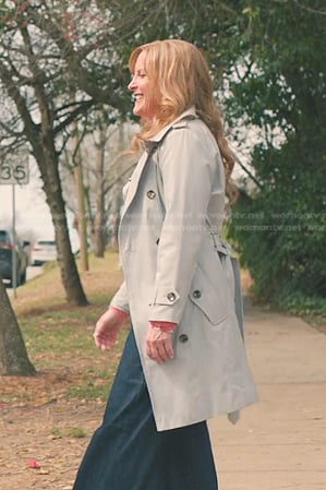 Iris's grey trench coat on Sweet Magnolias