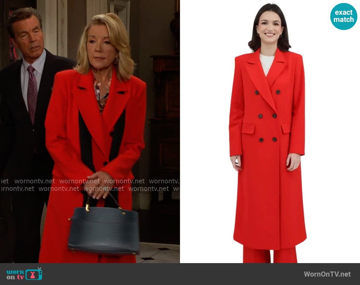 Iris Setlakwe Long Coat in Red worn by Nikki Reed Newman (Melody Thomas-Scott) on The Young and the Restless