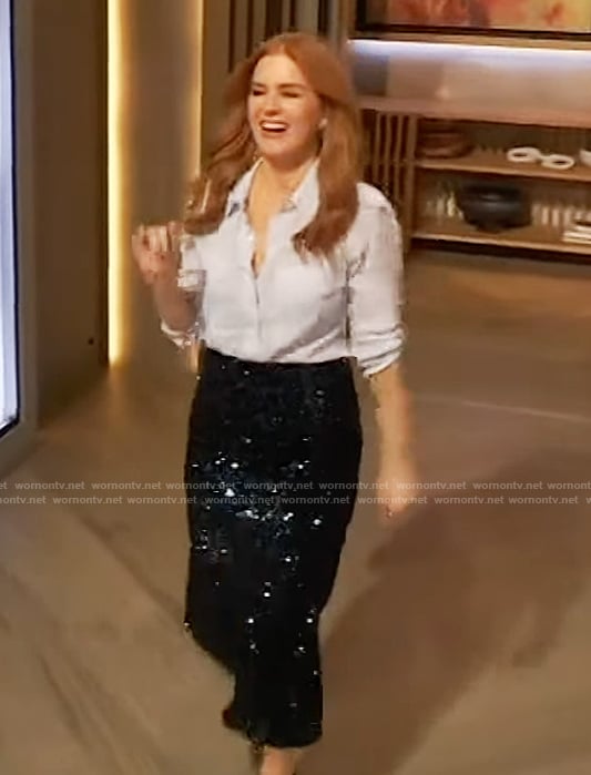 Isla’s sequin skirt and gingham check top on The Drew Barrymore Show