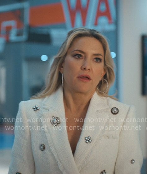 Isla's white embellished tweed blazer dress on Running Point