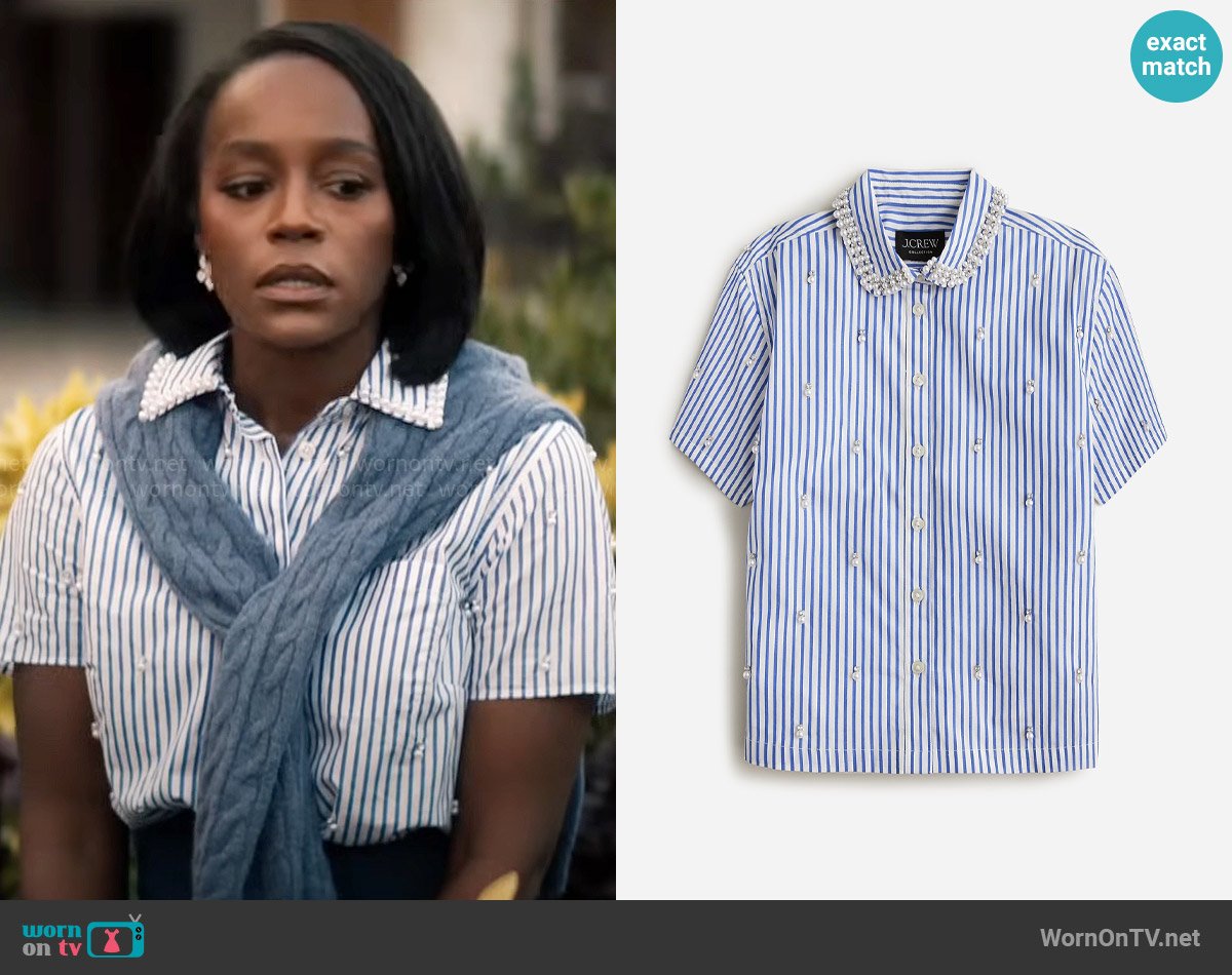 J. Crew Collection cropped short-sleeve shirt in stripe with pearl details worn by Catherine (Aja Naomi King) on Grosse Pointe Garden Society