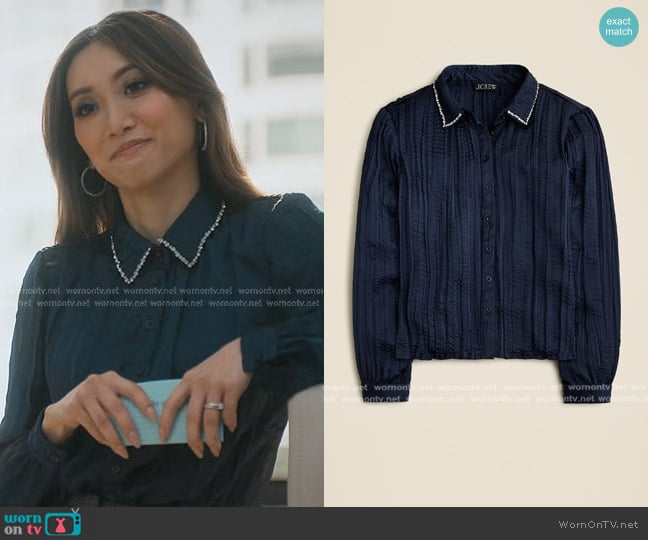 J. Crew Crystal-embellished Shirt in Crinkle Satin worn by Ali Lee (Brenda Song) on Running Point