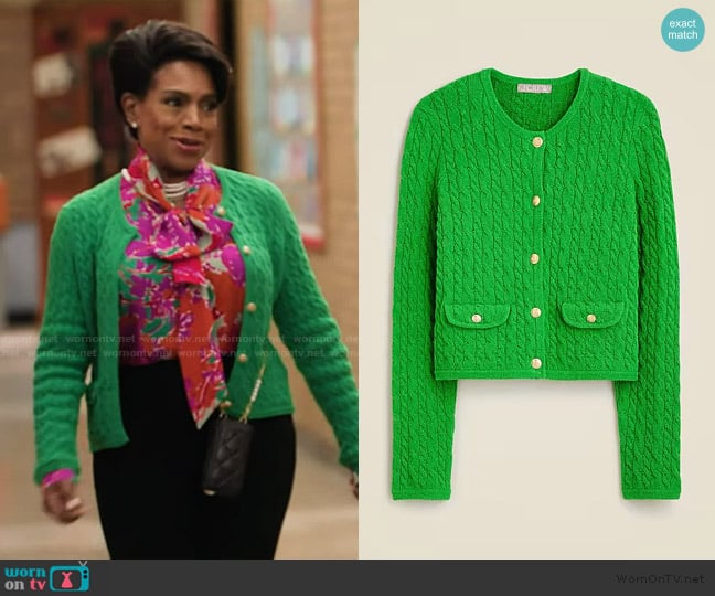 J. Crew Odette cable-knit sweater lady jacket in cotton-blend bouclé worn by Barbara Howard (Sheryl Lee Ralph) on Abbott Elementary