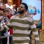 Jason Derulo’s stripe distressed knit sweater on Live with Kelly and Mark