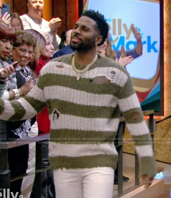 Jason Derulo's stripe distressed knit sweater on Live with Kelly and Mark