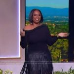 Jennifer’s black off shoulder top and pleated skirt on The Jennifer Hudson Show