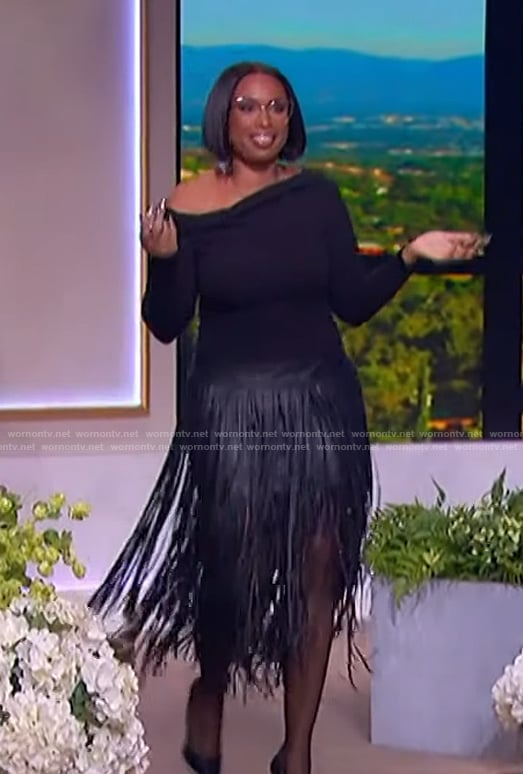 Jennifer's black off shoulder top and pleated skirt on The Jennifer Hudson Show