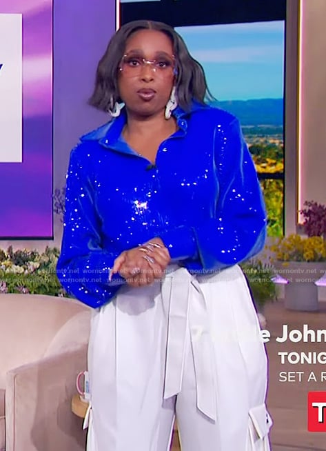 Jennifer's blue metallic blouse and pants on The Jennifer Hudson Show