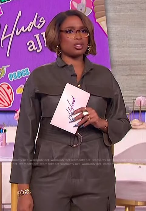 Jennifer's green leather jumpsuit on The Jennifer Hudson Show