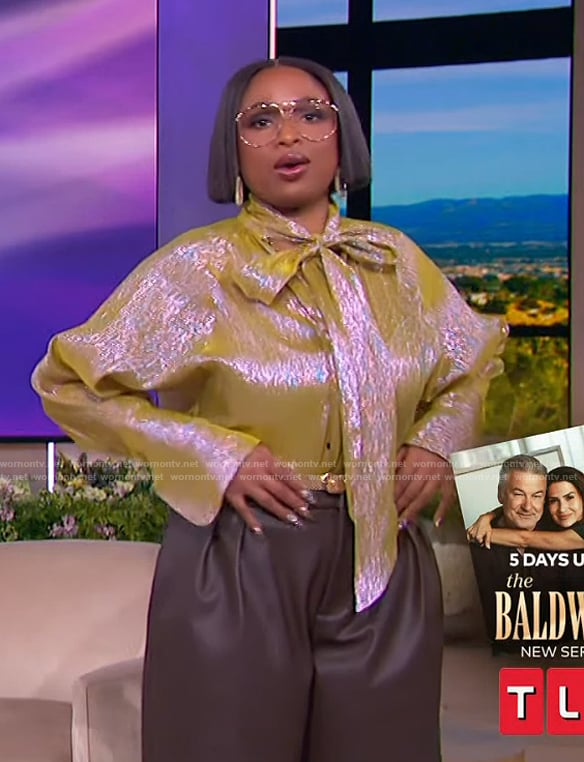 Jennifer's metallic tie neck blouse on The Jennifer Hudson Show