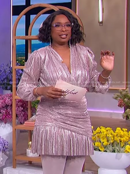 Jennifer's pink metallic wrap dress on The Jennifer Hudson Show