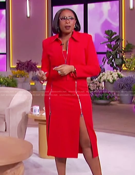 Jennifer's red zip front jacket and skirt on The Jennifer Hudson Show