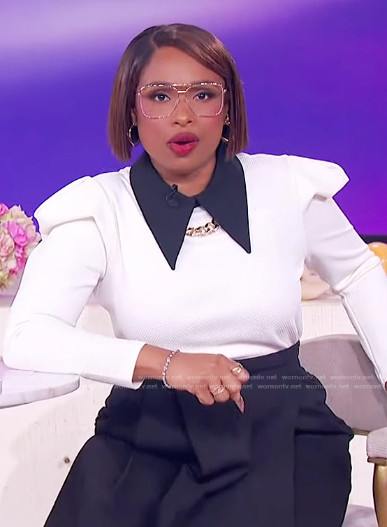 Jennifer's white puff sleeve contrast top on The Jennifer Hudson Show