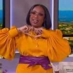 Jennifer’s yellow balloon sleeve blouse and pants on The Jennifer Hudson Show