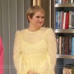 Jillian Bell’s yellow feather midi dress on The Drew Barrymore Show