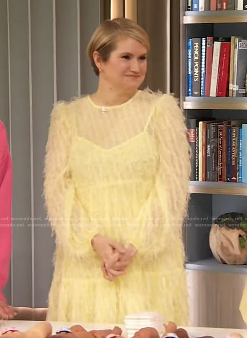 Jillian Bell's yellow feather midi dress on The Drew Barrymore Show