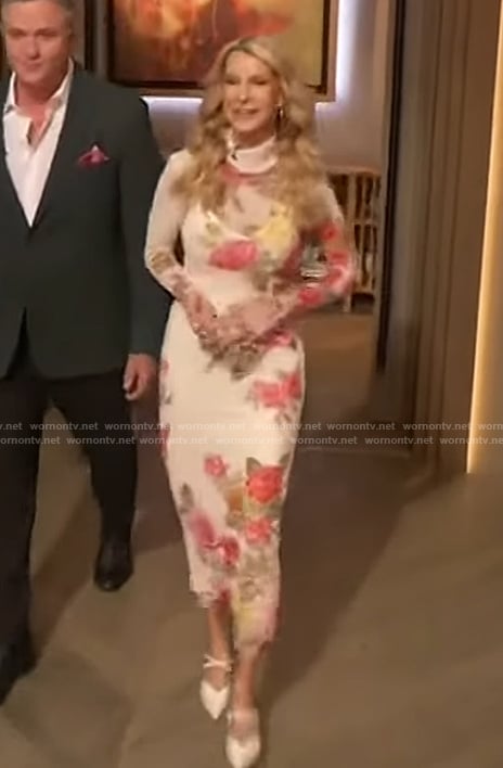 Joan Vassos's floral print mesh dress on The Drew Barrymore Show