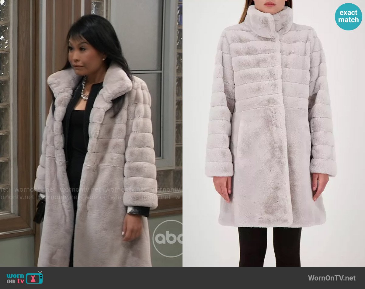 Jones New York Stand Collar Faux Fur Coat worn by Selina Wu (Lydia Look) on General Hospital