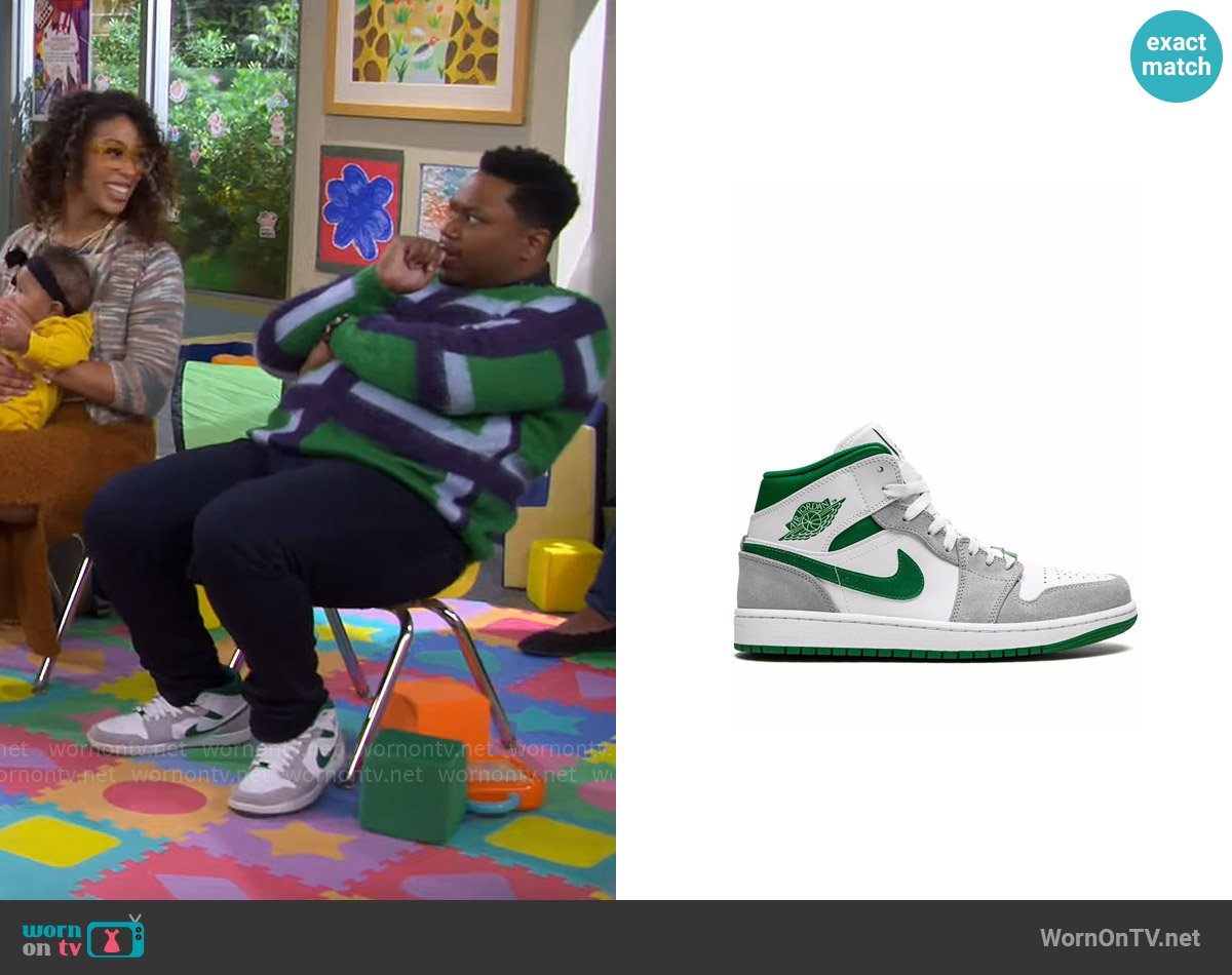 Jordan Air Jordan 1 Mid SE Sneakers in Grey/Pine Green/White worn by Marty (Marcel Spears) on The Neighborhood