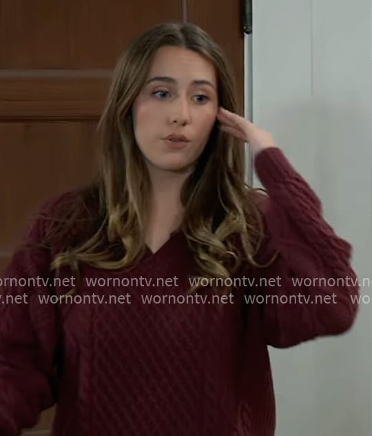 Josslyn's burgundy cable-knit sweater on General Hospital