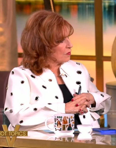 Joy's white grommet embellished jacket on The View