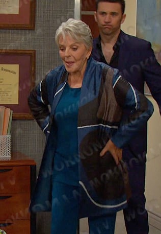 Julie's teal blue print jacket on Days of our Lives