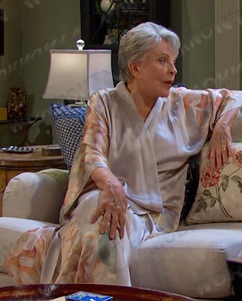 Julie's grey floral silk robe on Days of our Lives