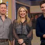 Kate Hudson’s black print sheer blouse and ruffle trim skirt on Good Morning America