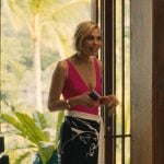 Kate’s pink V swimsuit and panther print skirt on The White Lotus